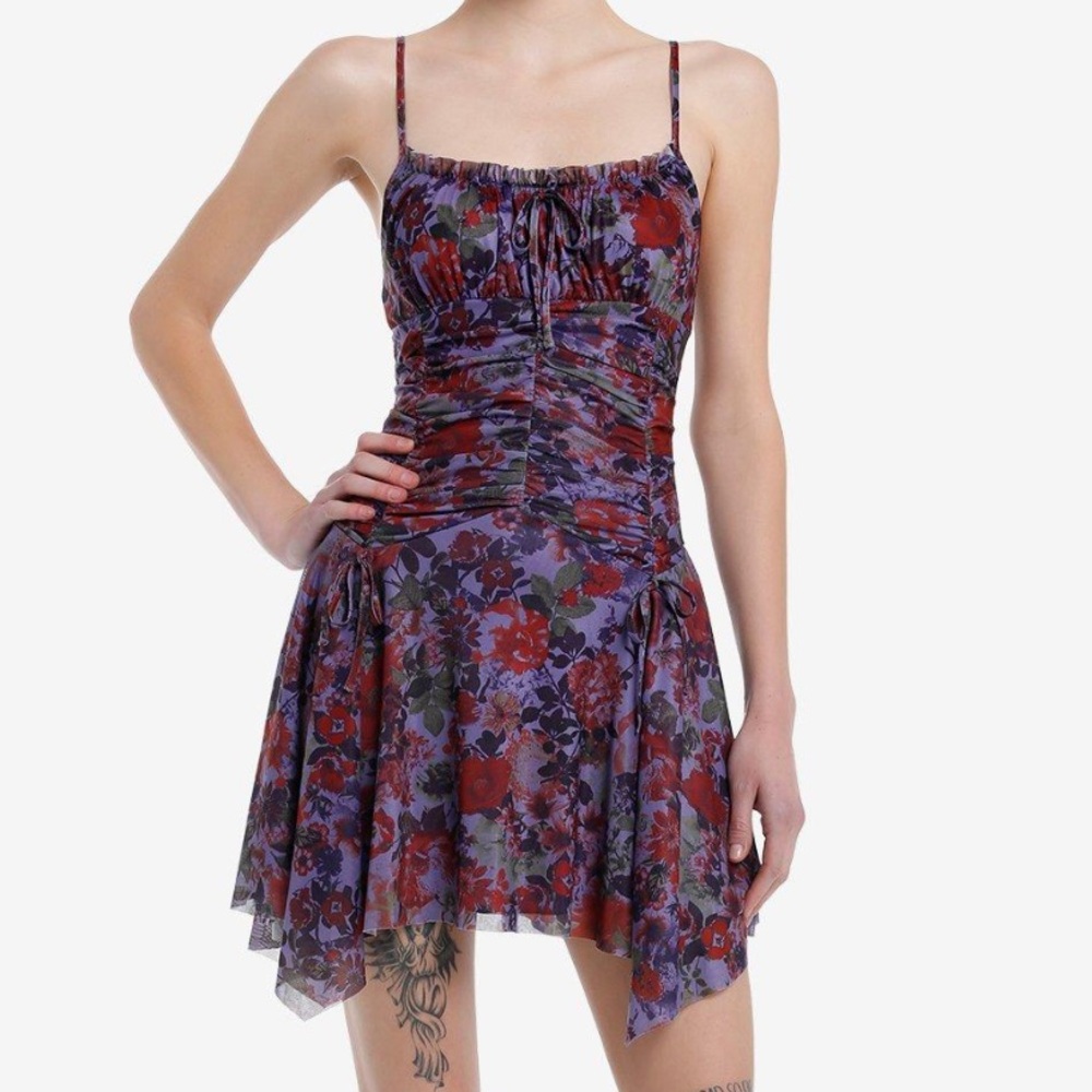 Purple &‎ Red Floral Ruched Hanky Hem Dress Hot Topic